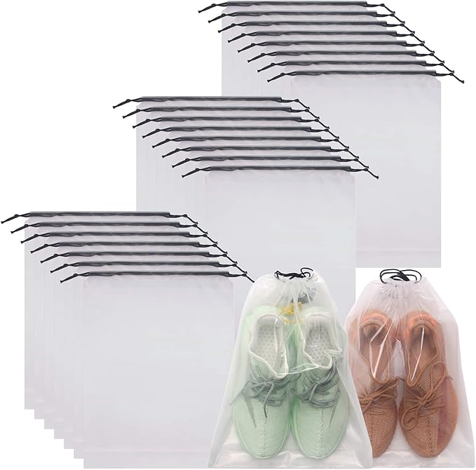 DIOMMELL Set of 24 Transparent Shoe Bags for Travel Large Clear Shoes Storage Organizers Pouch with Rope for Men and Women