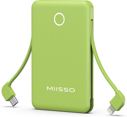 miisso 6000mah Ultra Slim Built in Cables Power Bank, Card Size Built in USB C Cords Battery Pack Portable Charger for Phones, 3 Output External Battery Pack Compatible with iPhone, Deep Green