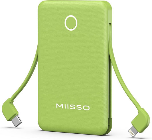 miisso 6000mah Ultra Slim Built in Cables Power Bank, Card Size Built in USB C Cords Battery Pack Portable Charger for Phones, 3 Output External Battery Pack Compatible with iPhone, Deep Green