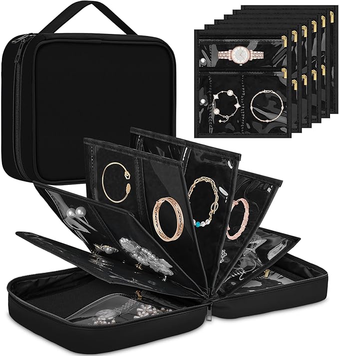 Yotako Travel Jewelry Organizer Case-Jewelry Organizer Jewelry Storage Book Binder with Clear Zipper Velvet Pouch for Travel Home Use, Jewelry Bags for Earrings, Rings, Necklace, Bracelet, Black