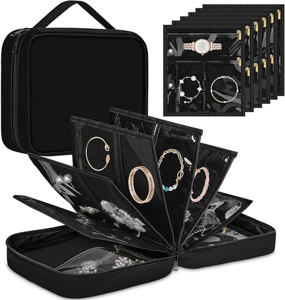 Yotako Travel Jewelry Organizer Case-Jewelry Organizer Jewelry Storage Book Binder with Clear Zipper Velvet Pouch for Travel Home Use, Jewelry Bags for Earrings, Rings, Necklace, Bracelet, Black