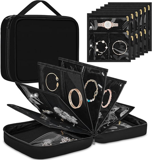 Yotako Travel Jewelry Organizer Case-Jewelry Organizer Jewelry Storage Book Binder with Clear Zipper Velvet Pouch for Travel Home Use, Jewelry Bags for Earrings, Rings, Necklace, Bracelet, Black