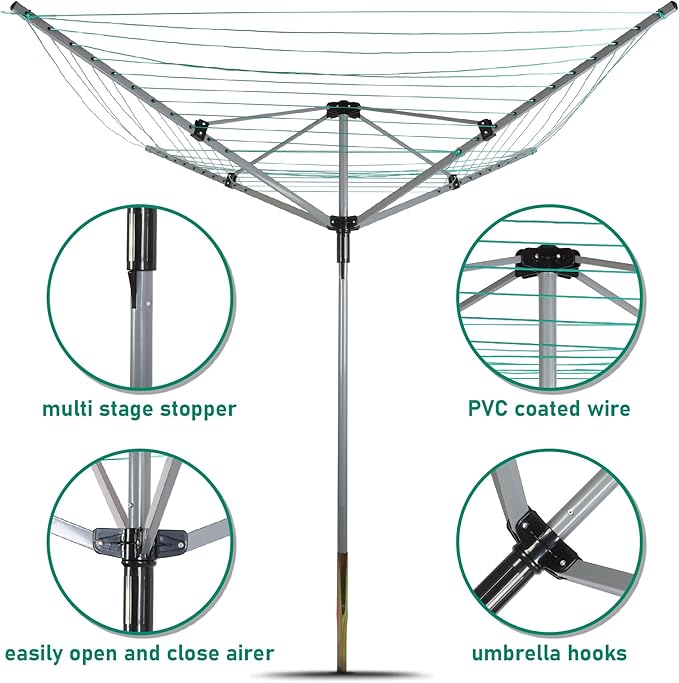 Umbrella Drying Rack Outdoor Umbrella Clothesline Rotary Retractable Clothes Line Adjustable Height 4 Arms Heavy Duty Clothesline Drying Rack 12 Lines with 165 Feet Clothes Line for Backyard