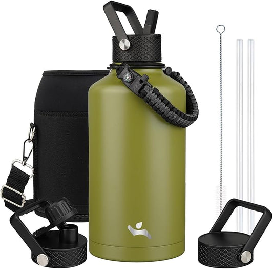 Insulated Water Bottle with Straw,87 oz 3 Lids Water Jug with Carrying Bag,Paracord Handle,Double Wall Vacuum Stainless Steel Metal Flask,Forest Green