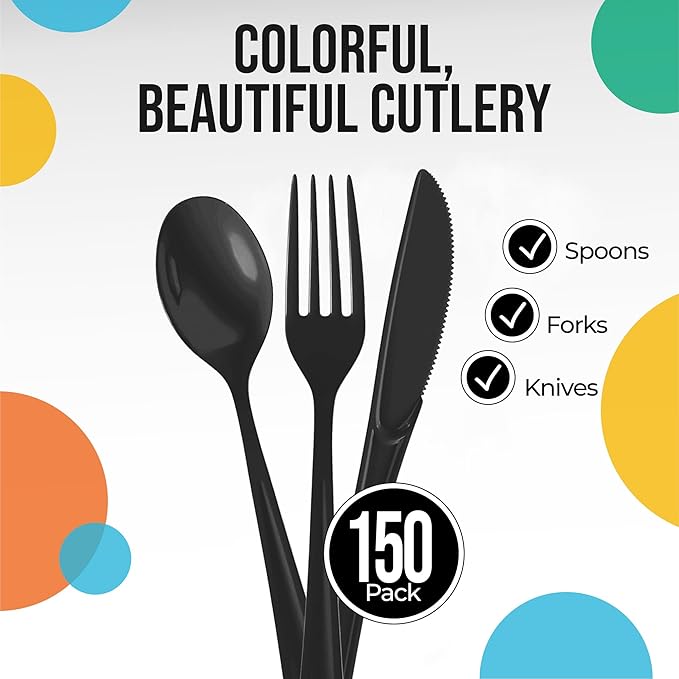 Party Solids Black Plastic Silverware Heavy Duty 150 Pieces Black Disposable Silverware Heavy Duty, Utensil Sets, 50 Of Each Forks, Knives & Spoons Disposable Cutlery Set For Party Supplies