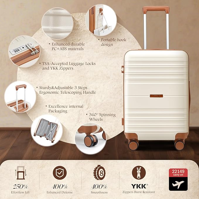 Luggage Sets 6 Piece with Spinner Wheels, Lightweight Hardshell Suitcase Set with TSA Lock, Carry On Checked Luggage with Travel Bag & Toiletry Bag (Beige, 6 piece sets（14/20/24/28/DB/TB）)