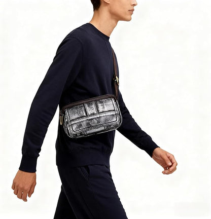 Compact Genuine Leather Waist Pack for Men Phone Fanny Pack Small Chest Messenger Bag with Adjustable Belt Gifts for Men (Silver)