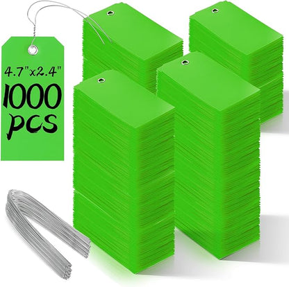 1000 Pieces Plastic Shipping Tags with Wire Labeling Tags Waterproof Hang Tags with Reinforcement Hole Writable Luggage tag Loops for Equipment Inventory Parts Garage (Green, 4 3/4" x 2 3/8")