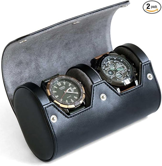 Premium Leather Travel Case, Variable Size Pillow Design, Roll Organizer for Men and Women, Black 2 Slot Portable Storage Box With Faux Suede Fabric Lining