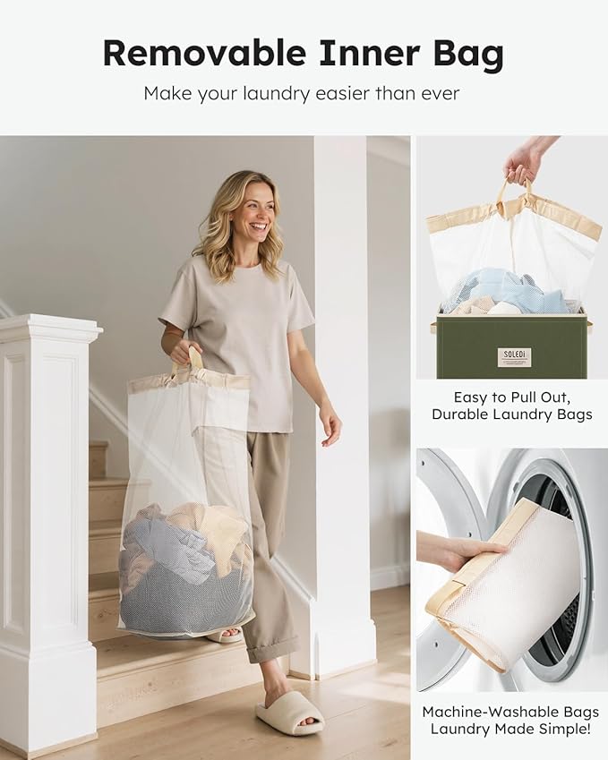 SOLEDI Laundry Hamper with Lid 100L Large & Tall Collapsible Laundry Basket, Clothes Hamper with Bag Removable Easy to Carry, Dirty Hampers for Bedroom, Bathroom, Dorm, College, Avocado