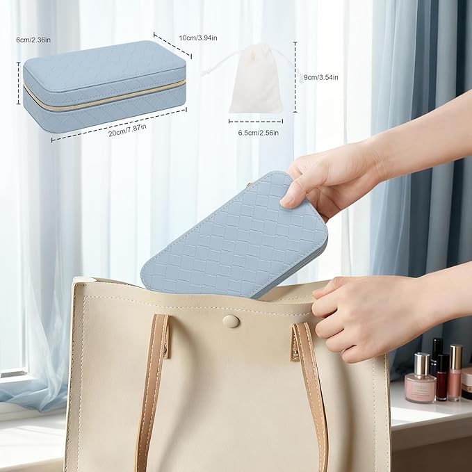 DesignSter Jewelry Organizer, Small Portable Travel Jewelry Storage for Women, Woven Embossed PU Jewelry Case with Mirror for Ring Earring Necklace Bracelet