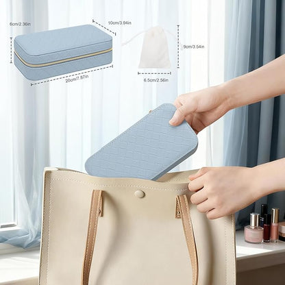 DesignSter Jewelry Organizer, Small Portable Travel Jewelry Storage for Women, Woven Embossed PU Jewelry Case with Mirror for Ring Earring Necklace Bracelet