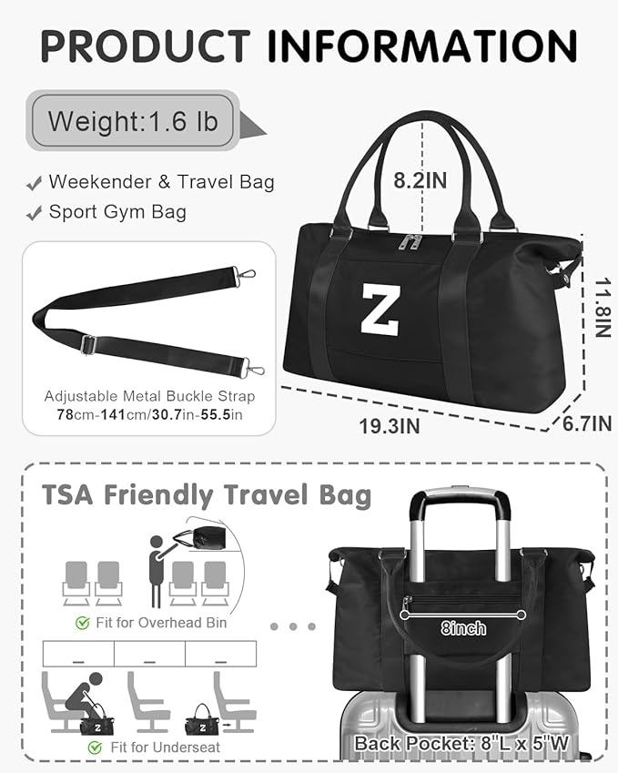 Initial Travel Duffel Bag Sports Gym Bag for Boys Teen Birthday Gifts,Black Personalized Weekender Bag Carry On Tote Bags for Men,Waterproof Overnight Luggage Bag Airplane Travel Essentials(Letter Z)