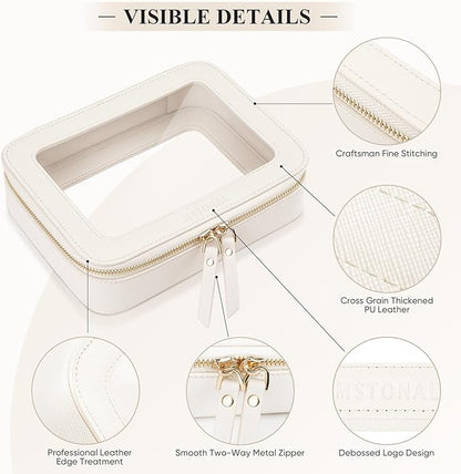 Clear Makeup Bag, Travel Toiletry Bag Cosmetic Case for Women, Waterproof Portable Make Up Skincare Pouch with Zipper, Compact Car Organizer Bag for Essentials, Medium Size, Ivory White