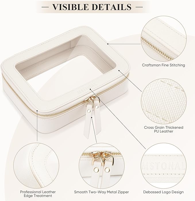 Clear Makeup Bag, Travel Toiletry Bag Cosmetic Case for Women, Waterproof Portable Make Up Skincare Pouch with Zipper, Compact Car Organizer Bag for Essentials, Mini & Medium, Ivory White