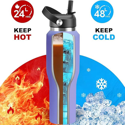 HYDROWION Water Bottle Stainless Steel,Vacuum Insulated Leak Proof Tumbler 32oz with Straw Lid, Spout Lid and Flex Cap(Cold for 48 Hrs, Hot for 24 Hrs), Fit in Any Car Cup Holder, Purple