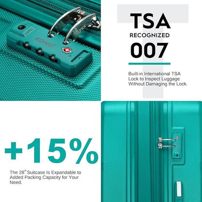 Kono 4 Piece Luggage Sets Expandable(only 28") Lightweight with Spinner Wheels TSA Lock Hardside Travel Rolling Suitcases 20in 24in 28in Carry on and 12in Mini Cosmetic Case Turquoise