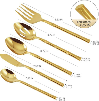 Silverware Serving Set Gold Flatware Set Stainless Steel Bamboo Handle Cutlery Set Mirror Polished 65 Pieces for Home Kitchen Restaurant Hotel Wedding Housewarming Gift Service for 12