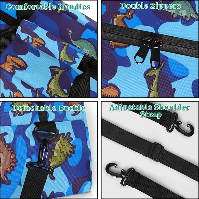 Personalized Duffel Bag for Kids Girls Boys, Cartoon Dinosaurs Custom Name Gym Bag Overnight with Padded Handles Carry On Weekend Sports Travel Bag for School Practice Gymnastics Ballet