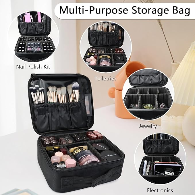 Travel Makeup Bag Makeup Cosmetic Train Case Organizer Portable Storage Bag with Adjustable Dividers for Cosmetics Makeup Brushes Toiletry Jewelry Black