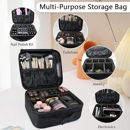 Travel Makeup Bag Makeup Cosmetic Train Case Organizer Portable Storage Bag with Adjustable Dividers for Cosmetics Makeup Brushes Toiletry Jewelry Black