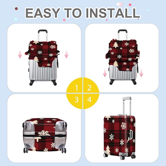 ANNA QUEEN Christmas Plaid Luggage Cover, Red and Black Check Suitcase Protector with Snowflake and Tree Pattern, Stretchable Washable Travel Sleeve for 20-22 Inch Luggage