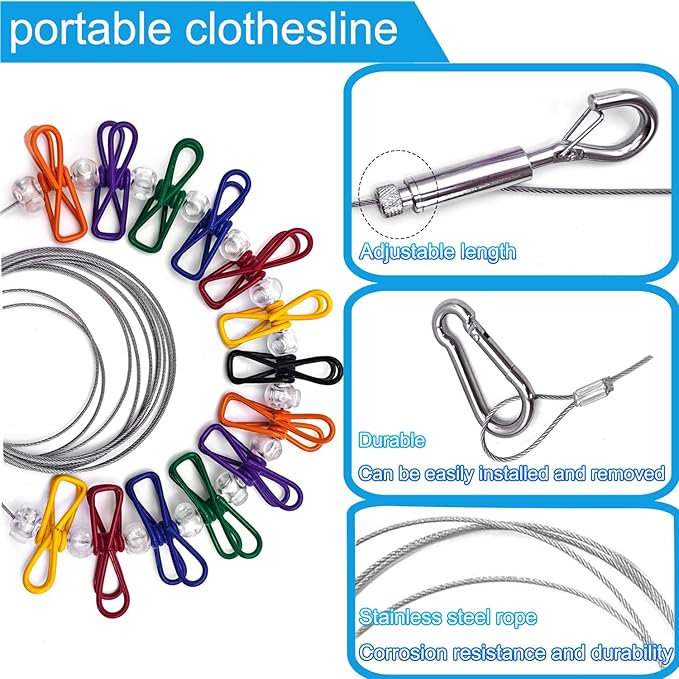 Portable Clothesline with 20 Clips, 12Ft Stainless Steel Wire Rope Adjustable Retractable Travel Clothesline for Indoor Outdoor Laundry Drying line, Cruise Clothes line, Balcony, Camping
