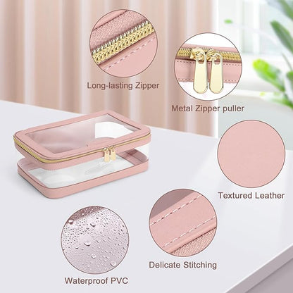 Travel Clear Makeup Bag with Makeup Brush Bag, Leather Makeup Case Toiletry Bag, Portable Cosmetic Bag Case, Transparent Waterproof Cosmetic Organizer Storage Bag for Women, Medium, Pink