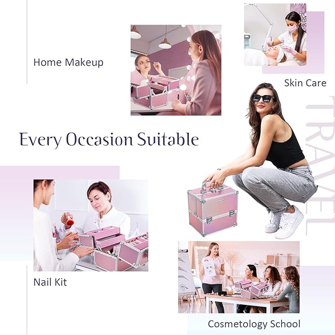 Frenessa Makeup Case Makeup Box Cosmetic Organizer Case Portable Make Up Artist Travel Case Storage Box 4 Trays with Dividers Lockable Hard Train Case Nail Tech Supply Storage Mermaid Pink