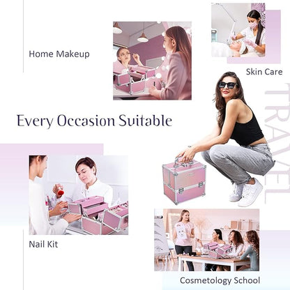 Frenessa Makeup Case Makeup Box Cosmetic Organizer Case Portable Make Up Artist Travel Case Storage Box 4 Trays with Dividers Lockable Hard Train Case Nail Tech Supply Storage Mermaid Pink