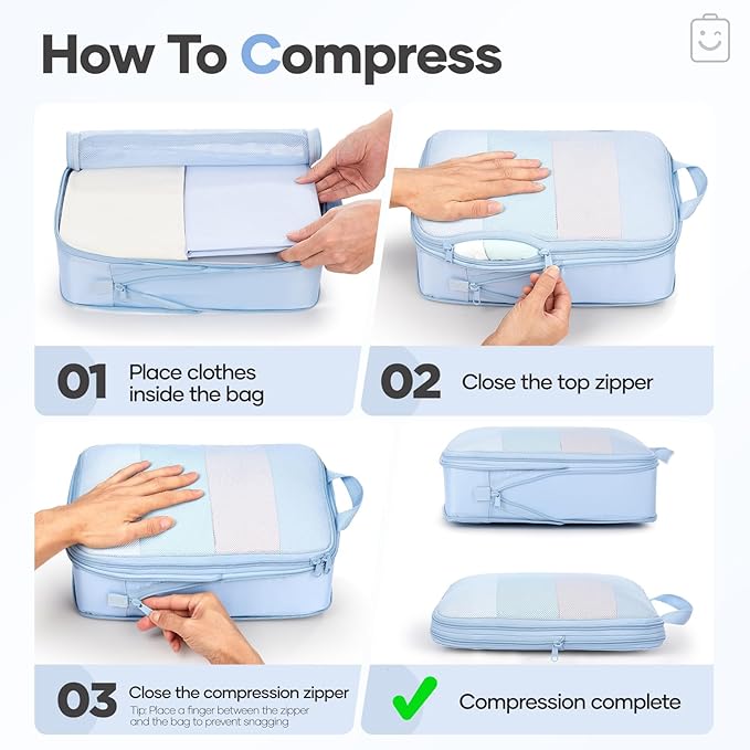 Veken 11 Set Compression Packing Cubes for Travel Essentials,Compressible Expandable Large Luggage Suitcase Organizer Bags for Clothing,Durable Space Saver Storage Bags with Toiletry Bags(Light Blue)