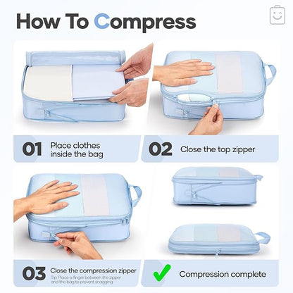 Veken 11 Set Compression Packing Cubes for Travel Essentials,Compressible Expandable Large Luggage Suitcase Organizer Bags for Clothing,Durable Space Saver Storage Bags with Toiletry Bags(Light Blue)