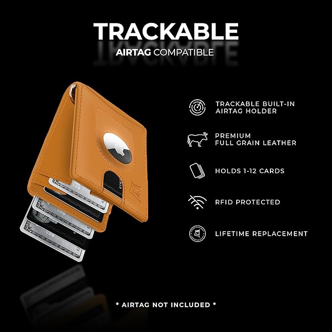 Kings Loot Trackable Airtag Wallet for Men | RFID Blocking Leather Design with Airtag Holder, Money Clip & Pull Tab | Minimalist Air Tag Wallets
