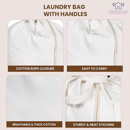 LFH Home Cotton Canvas Large Laundry Bag with Handle, Heavy Duty Drawstring Closure Washable Laundry Bags, School Travel, Home, Hotel, College Dorm, Organizer Sack, Toy Clothes 28x36 (Pack of 4)-White