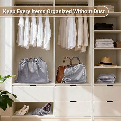 Ewen 7 Pack Small Medium Large Dustproof Satin Drawstring Bags Set, Dustproof Packing Bags with Blank Tags for Purse Organizer Home Organization Storage, Gray Dustbags for Handbag Travel Shoes Closet