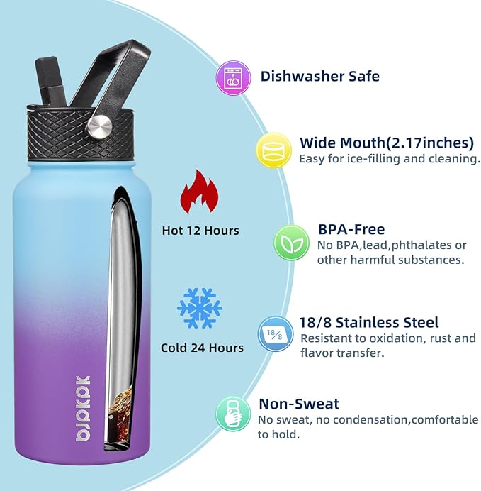 BJPKPK 2 Pack Insulated Water Bottles with Straw Lids, 27oz Stainless Steel Metal Water Bottle with 6 Lids, Leak Proof BPA Free Jugs, Cups, Flasks for Travel, Sports (Cherry+Ocean Dream)