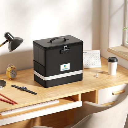 Fireproof File Box with Lock, Document Box Storage Organizer, Suitable for Hanging File Folders in Letter Size, Collapsible File Box, Reflective Strip for Fast Find (12.2"*6"*10.2, Black)