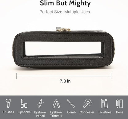 Aveniee Clear Makeup Brush Bag,Slim Cosmetic Brush Holder,Small Toiletry Bag Mini Travel Case for Women,Thin Make up Bags with Dual Zipper,Cute Travel Essentials Organizer,Black