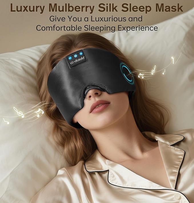LC-dolida Luxurious Silk Soft Sleep Mask, Sleep Headphones with Bluetooth 5.4 for Side Sleeper, Total Blackout Eye Sleeping Mask for Women and Men, Ideal Gift for Restful Sleep, Travel(Black)