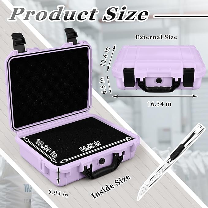 1 Pcs 16.3 x 12.4 x 6.5 Inch Waterproof Hard Case with DIY Customizable Foam Insert Portable Protective Case with Knife for Camera Drones Equipments Tools Test Instruments (Purple)