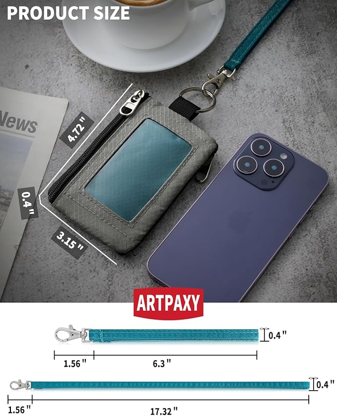Minimalist Wallet For Mens Womens, Keychain RFID Blocking Zipper Small Wallet with ID Window 2 Lanyards,Water Resistant Travel Cash Card Coin Case Boys Girls