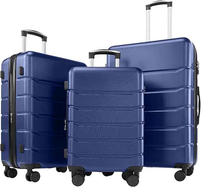 OLIXIS 3-Piece Luggage Set, 20/24/28 Inch Hardside Suitcases with Spinner Wheels, Lightweight ABS Hard Shell Travel Luggage, TSA Approved Lock, Expandable Carry-On & Checked Luggage–Blue
