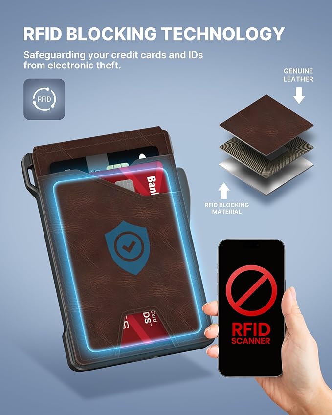 typecase Tactical Wallet for Men Card Holder: Pop Up Card Case, Genuine Leather, Smart, RFID Blocking, Slim, Minimalist, Thin, Front Pocket - 9-13 Card Capacitiy, ID Window, Money Clip (Brown)