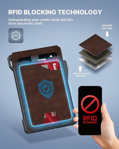 typecase Tactical Wallet for Men Card Holder: Pop Up Card Case, Genuine Leather, Smart, RFID Blocking, Slim, Minimalist, Thin, Front Pocket - 9-13 Card Capacitiy, ID Window, Money Clip (Brown)