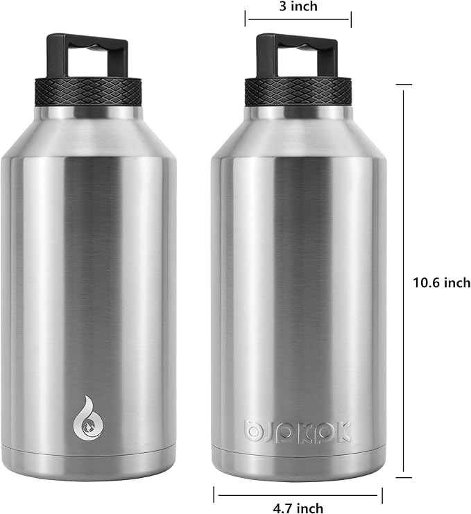 BJPKPK Half Gallon Water Bottle Insulated, Dishwasher Safe 64 oz Water Bottle with Handle, Leakproof BPA Free Thermal Flasks, Large Metal Jug for Sports, Stainless Steel Primary Color