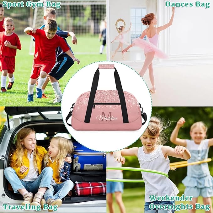 Personalized Kids Sports Duffel Bag with Name Custom Weekender Overnight Bag for Boys Girls Gym Bag Travel Dance Gymnastics Duffel Bag, Pink Glitter