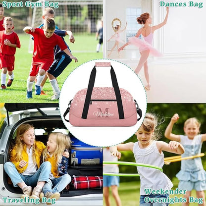 Personalized Kids Sports Duffel Bag with Name Custom Weekender Overnight Bag for Boys Girls Gym Bag Travel Dance Gymnastics Duffel Bag, Pink Glitter