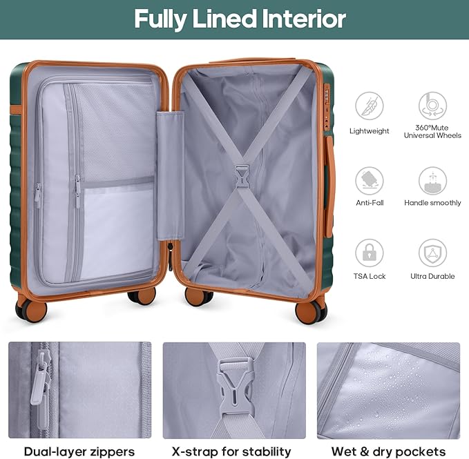 Luggage Sets 3 Piece, Carry On Luggage 20In With Spinner Wheels,PC Hardside Suitcase Set with TSA Lock,Durable Carry On Suitcase With Travel Backpack for Men (Dark Green, 3 piece set (BP/20inch))