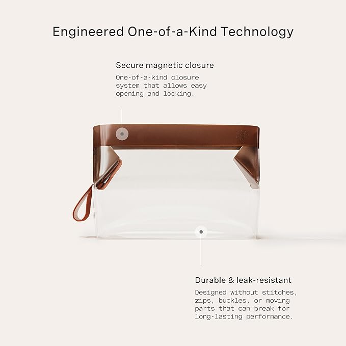 Cadence Parcel - Clear Kit with Magnetic Closure - Durable and Leak-Resistant Travel Toiletry Kit - TSA-Compliant & Modular Design - Hygiene Bag for Travel Essentials - 1 Qt - Chestnut