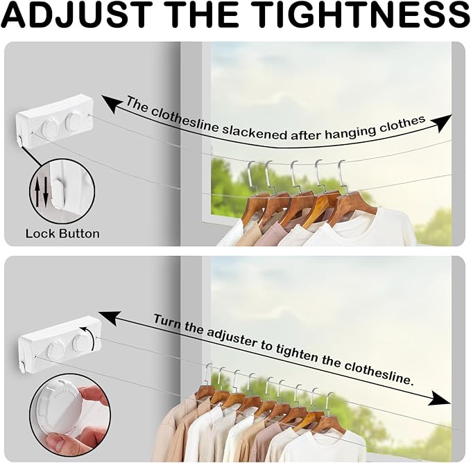 Retractable Clothesline - Heavy Duty 44lb Dual 304 Stainless Lines,16.7ft Anti-Sag Design,Install for Indoor/Outdoor Use (White, Dual Lines)